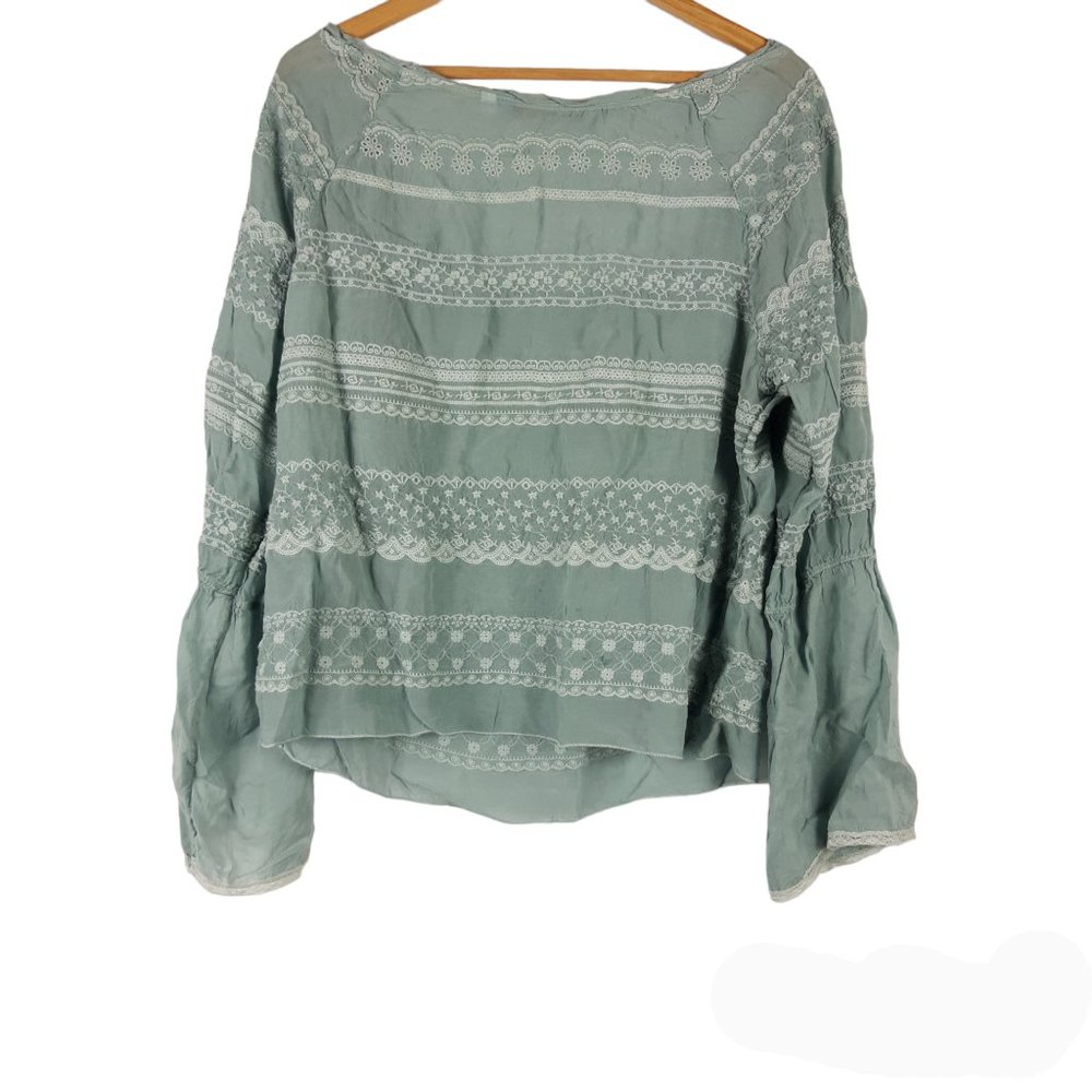 Johnny Was Sage Embroidered Bell Sleeve Blouse Teal Long Sleeve Top Size… - Picture 3 of 7